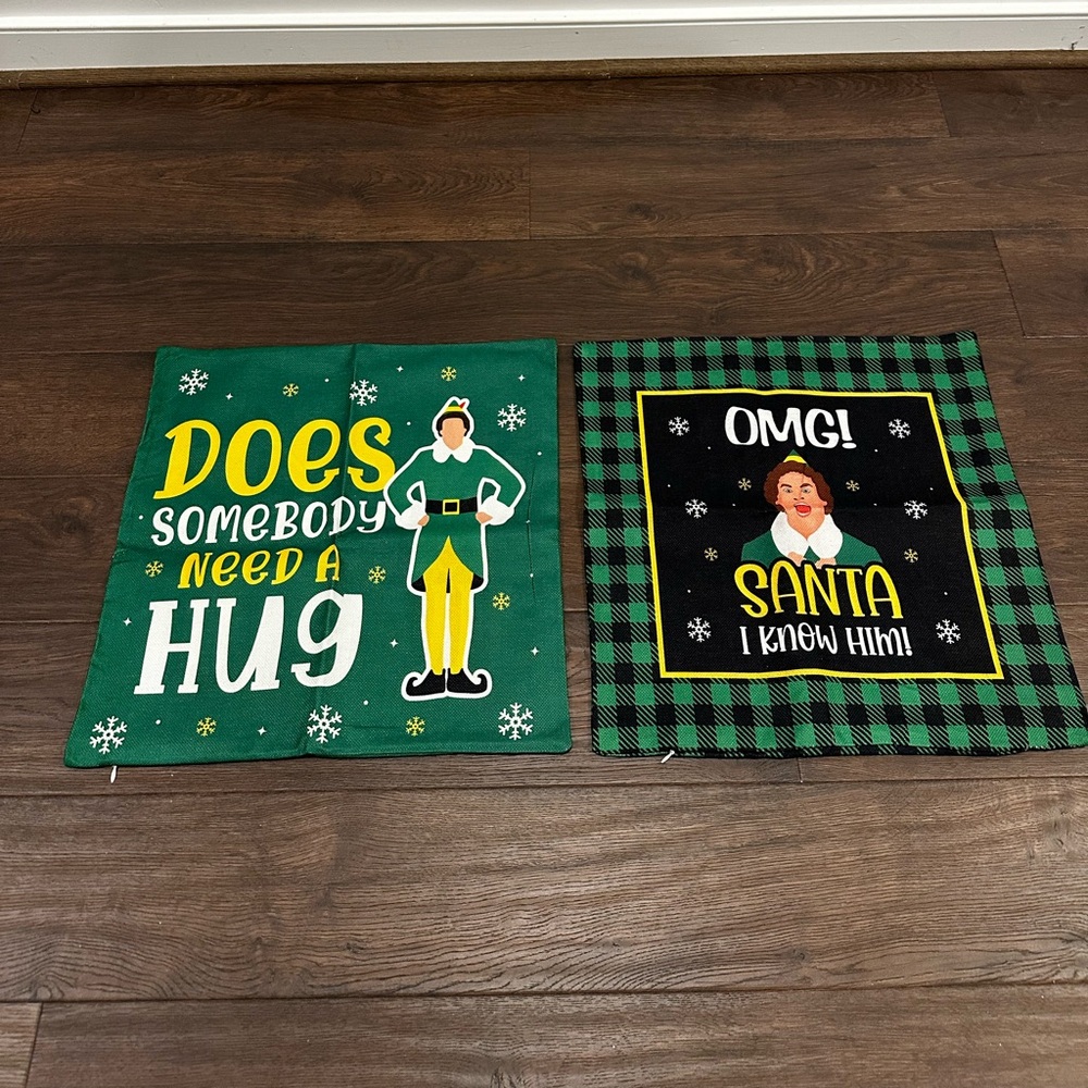 Set of Two Festive Holiday Buddy The Elf Pillow Covers - Green and Black Plaid